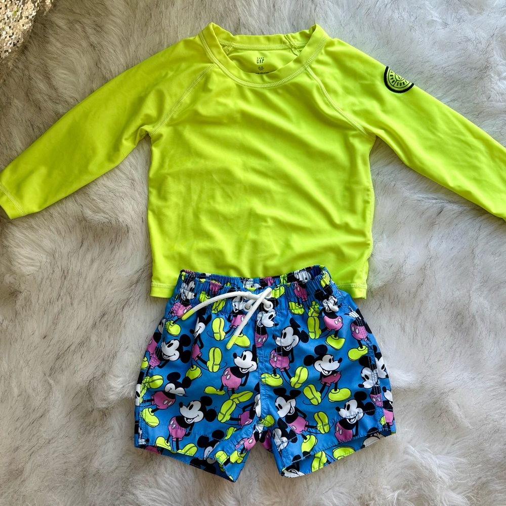 GAP Kids Neon Yellow Rashguard with Blue Mickey Swim Shorts
